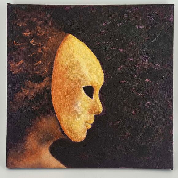 Signed dark academia woman in a mask painting on canvas 10X10